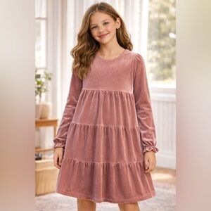 ODOLDI Pink Velvet Tiered Knee Length Girls Dress Bow Ruffle Long Sleeve 9-10Y